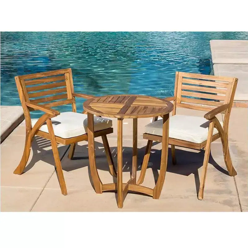 3 Pieces Outdoor Patio Dining Set, Hermosa KD Wood Table & Chairs with Cushions, Teak Finish