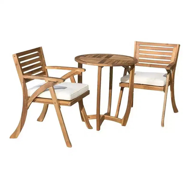 3 Pieces Outdoor Patio Dining Set, Hermosa KD Wood Table & Chairs with Cushions, Teak Finish