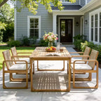 ModernLuxe 5/7-Piece Outdoor Dining Table Set, 71 Acacia Wood Table with Cushions + 6 Rope Back Dining Chairs, Light Teak Finish