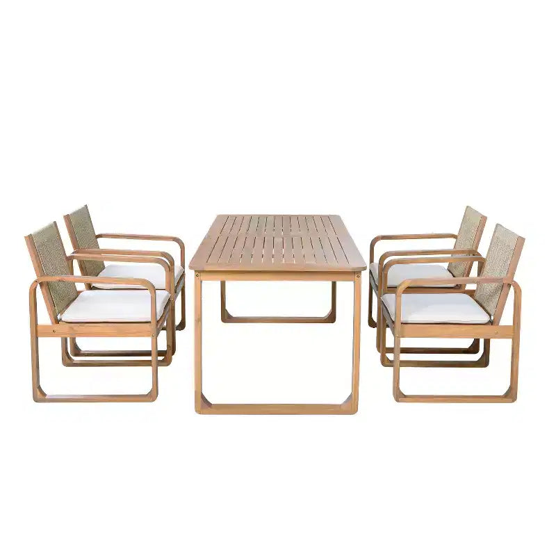 ModernLuxe 5/7-Piece Outdoor Dining Table Set, 71 Acacia Wood Table with Cushions + 6 Rope Back Dining Chairs, Light Teak Finish