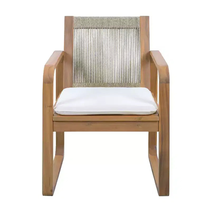 ModernLuxe 5/7-Piece Outdoor Dining Table Set, 71 Acacia Wood Table with Cushions + 6 Rope Back Dining Chairs, Light Teak Finish