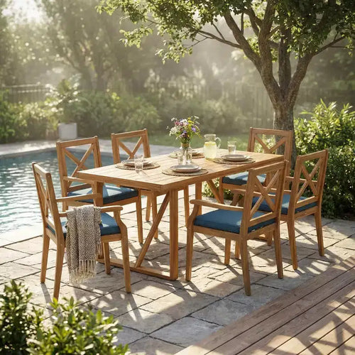 7-teiliges Esszimmer-Set für den Außenbereich aus Akazienholz mit 6 gepolsterten Stühlen, rechteckiges Esszimmertisch-Set für Terrasse, Garten und Deck-Panipeachy