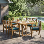 7-Piece Acacia Wood Outdoor Dining Set with 6 Cushioned Chairs, Rectangular Patio Dining Table Set for Backyard, Garden, Deck-Panipeachy