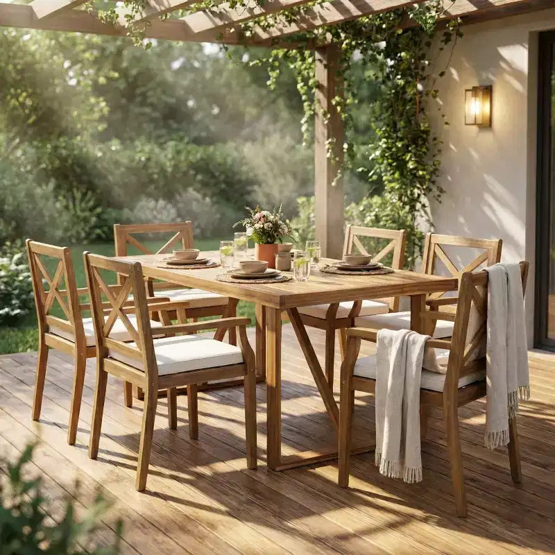 7-teiliges Esszimmer-Set für den Außenbereich aus Akazienholz mit 6 gepolsterten Stühlen, rechteckiges Esszimmertisch-Set für Terrasse, Garten und Deck-Panipeachy