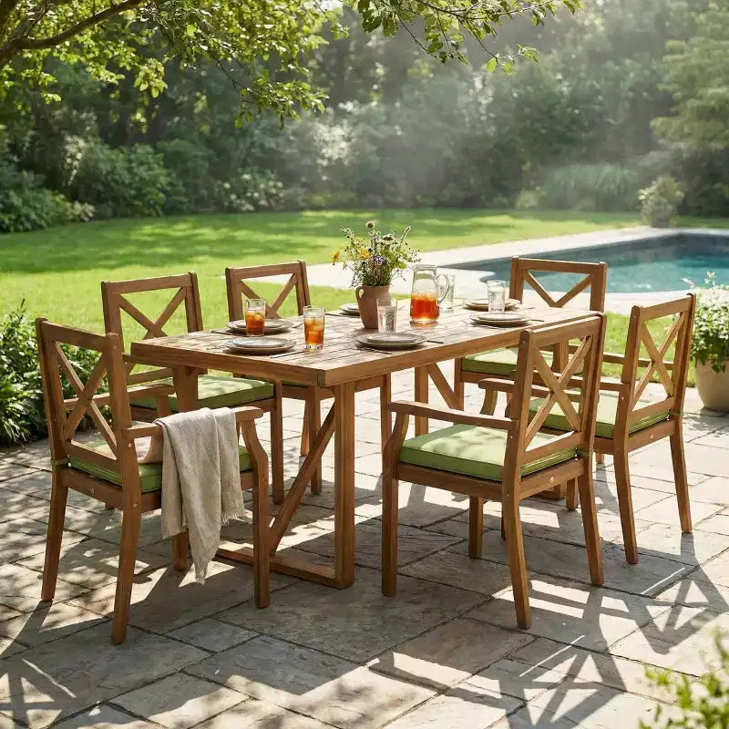 7-teiliges Esszimmer-Set für den Außenbereich aus Akazienholz mit 6 gepolsterten Stühlen, rechteckiges Esszimmertisch-Set für Terrasse, Garten und Deck-Panipeachy
