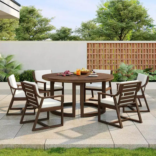 7-teiliges Esszimmer-Set aus Holz für die Terrasse für 6 Personen, runder Tisch mit Sonnenschirmöffnung und gepolsterte Stühle für Garten oder Hinterhof-Panipeachy
