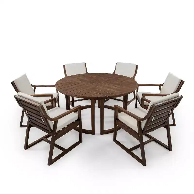 7-Piece Wood Patio Dining Set for 6, Round Table with Umbrella Hole and Cushioned Chairs for Garden or Backyard-Panipeachy