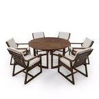 7-Piece Wood Patio Dining Set for 6, Round Table with Umbrella Hole and Cushioned Chairs for Garden or Backyard-Panipeachy