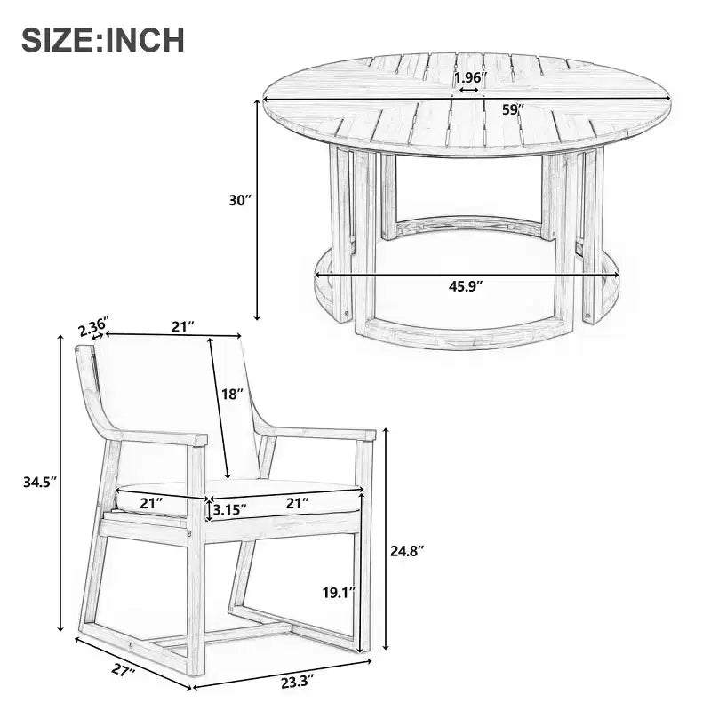 7-Piece Wood Patio Dining Set for 6, Round Table with Umbrella Hole and Cushioned Chairs for Garden or Backyard-Panipeachy
