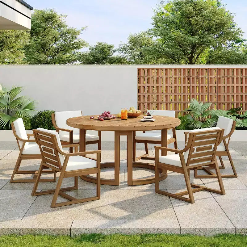 7-Piece Wood Patio Dining Set for 6, Round Table with Umbrella Hole and Cushioned Chairs for Garden or Backyard-Panipeachy