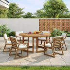 7-Piece Wood Patio Dining Set for 6, Round Table with Umbrella Hole and Cushioned Chairs for Garden or Backyard-Panipeachy