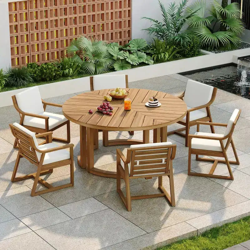 7-teiliges Esszimmer-Set aus Holz für die Terrasse für 6 Personen, runder Tisch mit Sonnenschirmöffnung und gepolsterte Stühle für Garten oder Hinterhof-Panipeachy