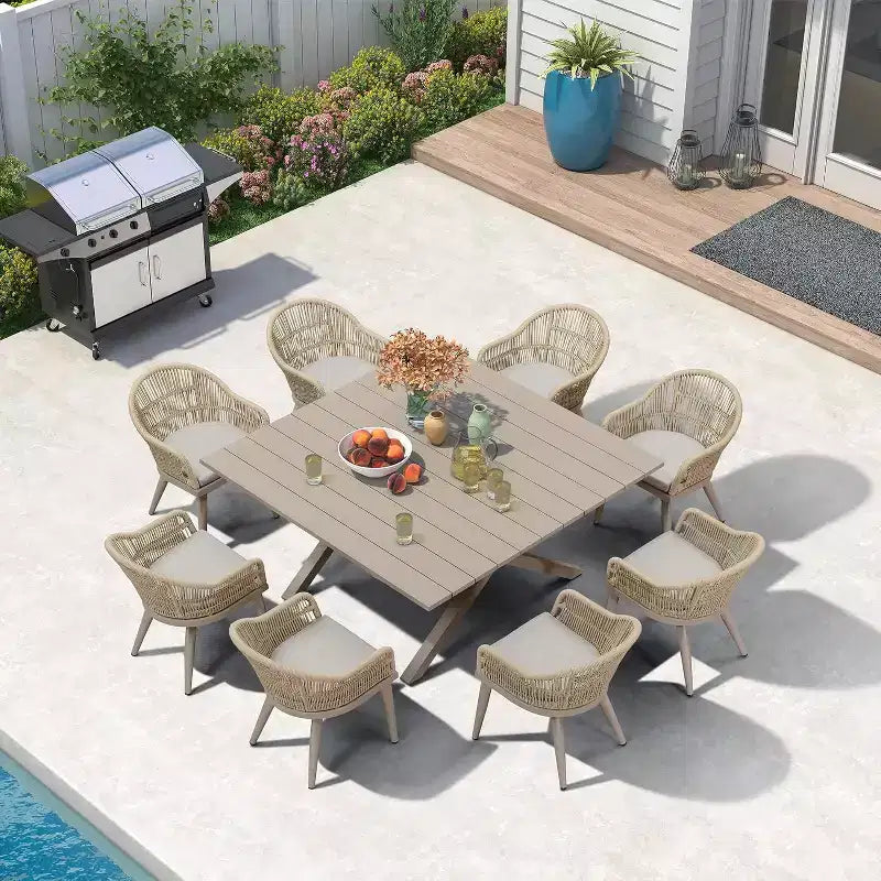 Set da pranzo da esterno PURPLE LEAF con tavolo da pranzo da patio in alluminio e sedie in vimini di rattan