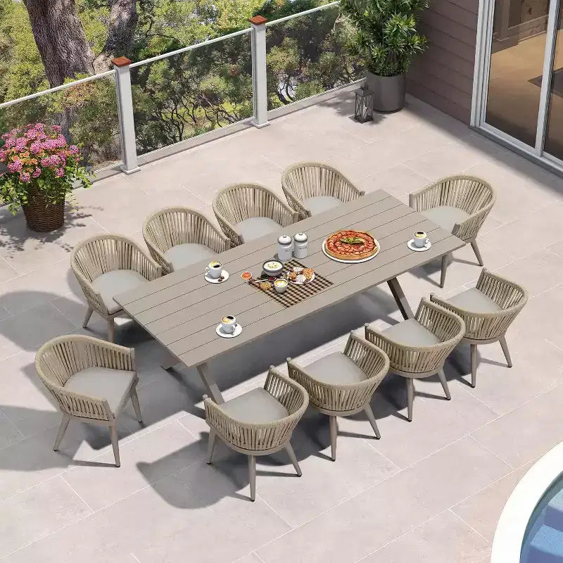 Set da pranzo da esterno PURPLE LEAF con tavolo da pranzo da patio in alluminio e sedie in vimini di rattan