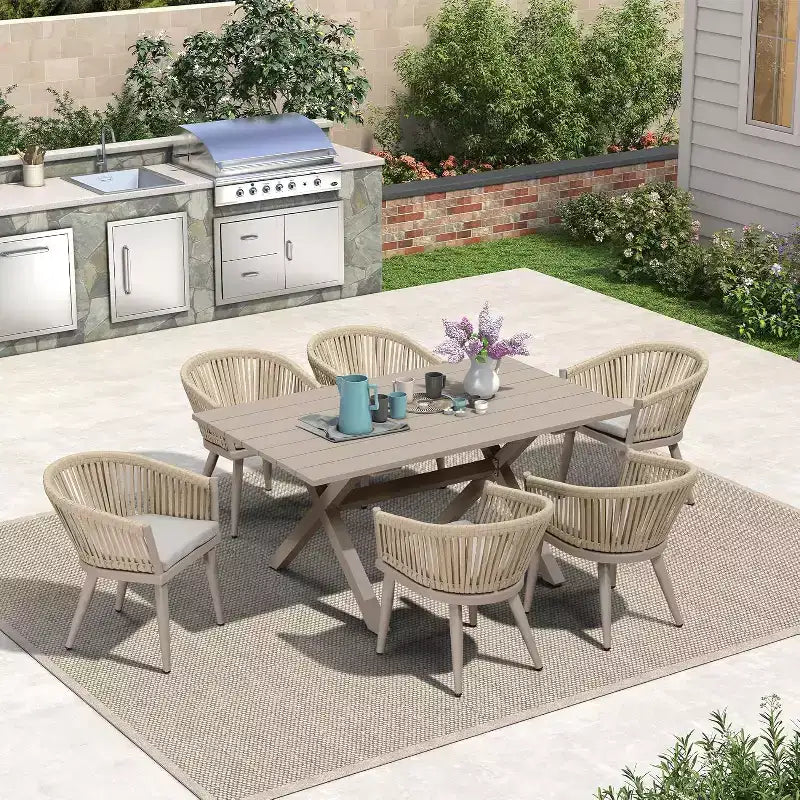 Set da pranzo da esterno PURPLE LEAF con tavolo da pranzo da patio in alluminio e sedie in vimini di rattan