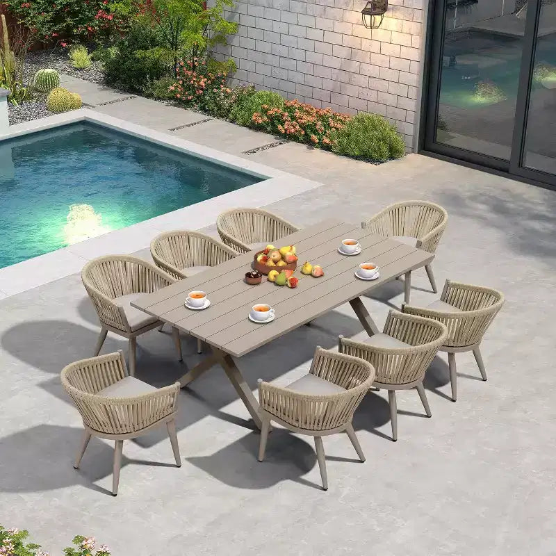 Set da pranzo da esterno PURPLE LEAF con tavolo da pranzo da patio in alluminio e sedie in vimini di rattan