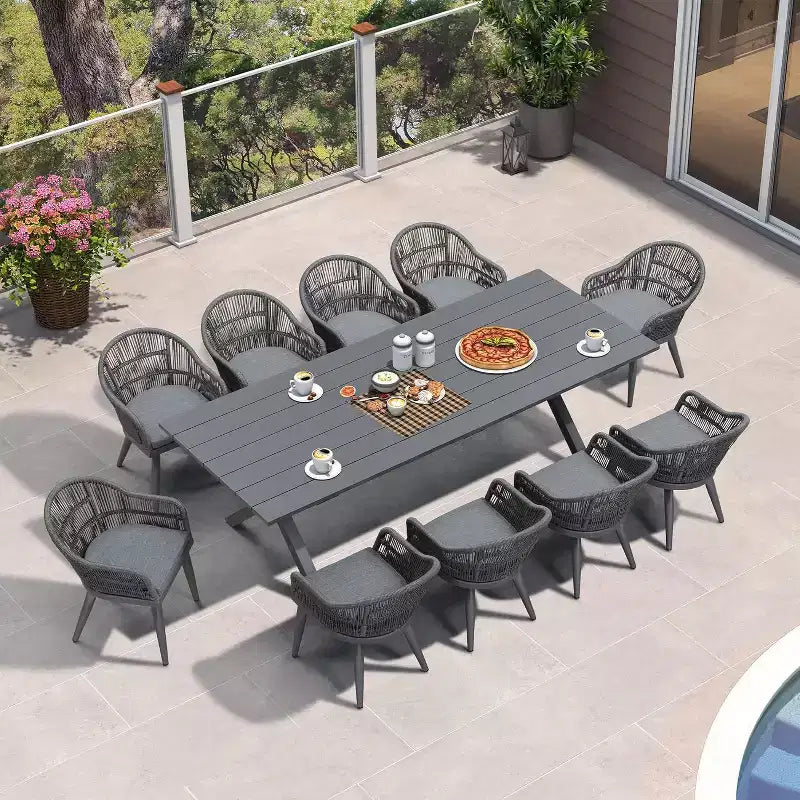 Set da pranzo da esterno PURPLE LEAF con tavolo da pranzo da patio in alluminio e sedie in vimini di rattan