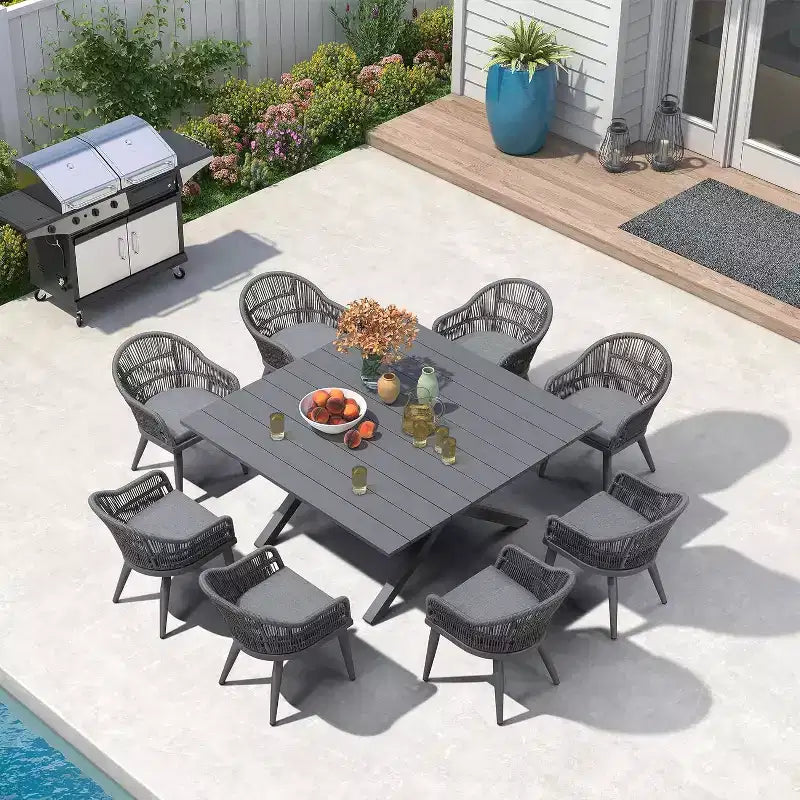 Set da pranzo da esterno PURPLE LEAF con tavolo da pranzo da patio in alluminio e sedie in vimini di rattan