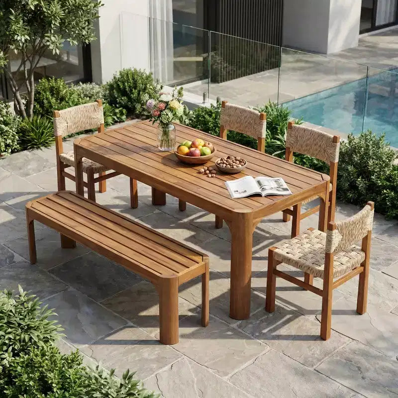 Christopher Knight Home Yasmin modernes 6-teiliges Ess-Set aus Akazienholz für die Terrasse mit Flechtwerk und Lamellendesign