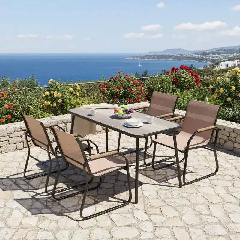 Gymax 5-Piece Patio Dining Set w/ Wood-Look Armrests Durable Metal Frame & DPC Tabletop