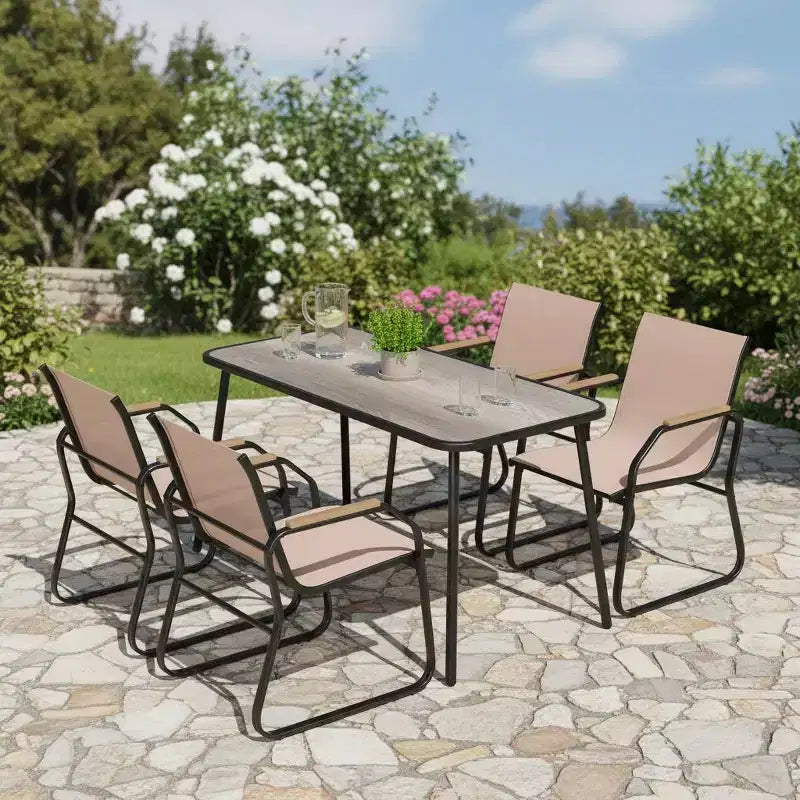 Gymax 5-Piece Patio Dining Set w/ Wood-Look Armrests Durable Metal Frame & DPC Tabletop