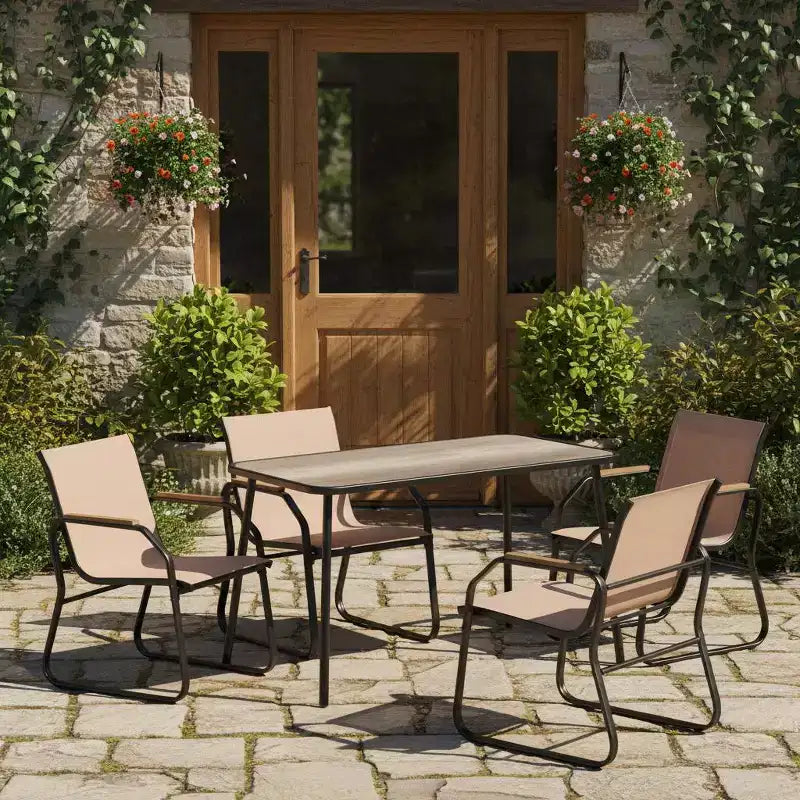 Gymax 5-Piece Patio Dining Set w/ Wood-Look Armrests Durable Metal Frame & DPC Tabletop