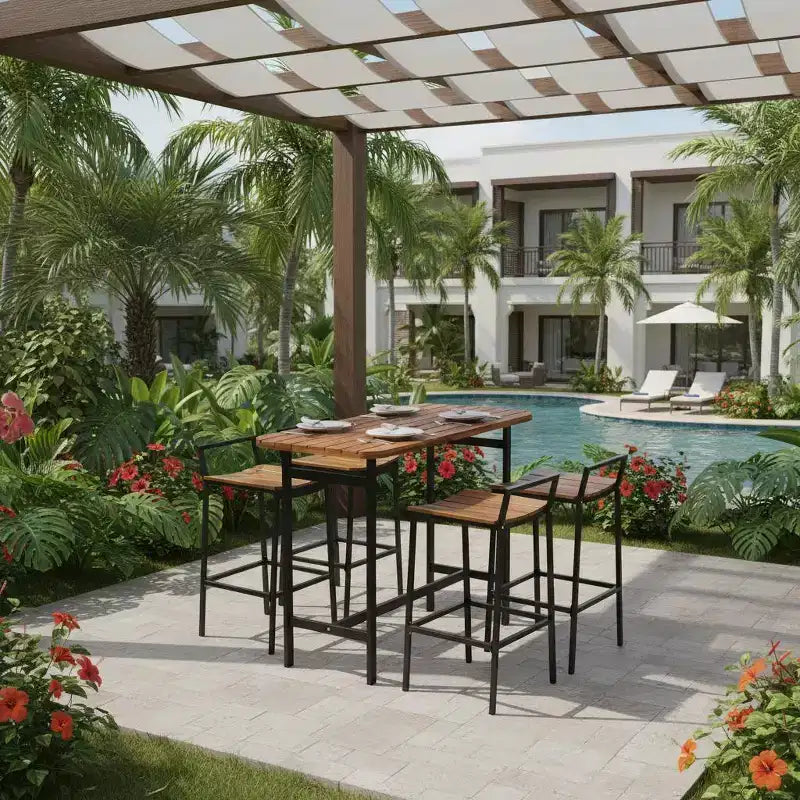 Gymax 5 PCS Outdoor Bar Table Set w/ Acacia Wood Surfaces and Sturdy Metal Frame Bar Height Table & Chairs for Patio Deck Balcony Poolside