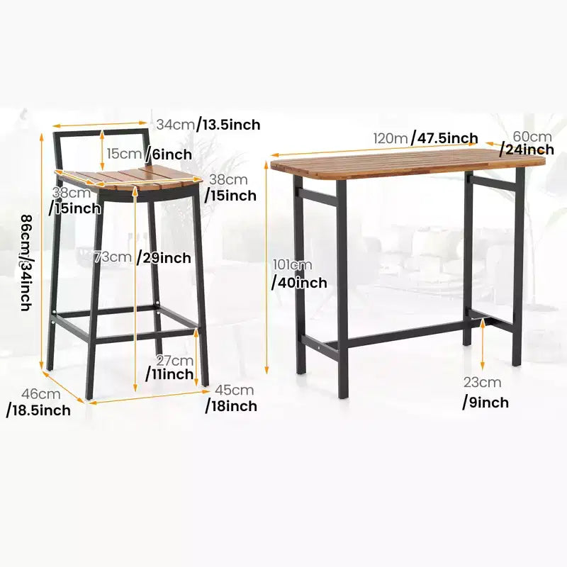 Gymax 5 PCS Outdoor Bar Table Set w/ Acacia Wood Surfaces and Sturdy Metal Frame Bar Height Table & Chairs for Patio Deck Balcony Poolside