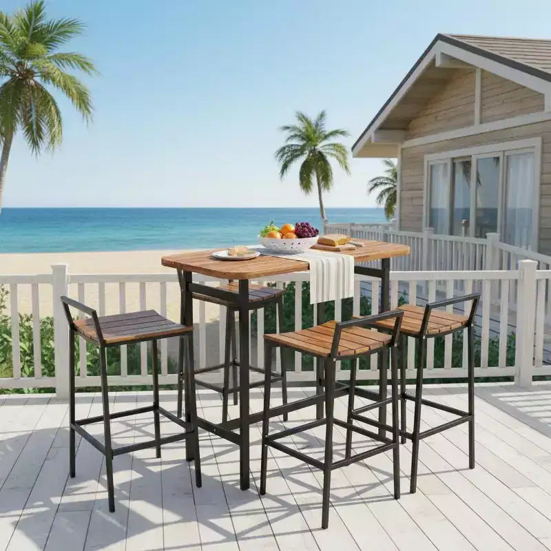 Gymax 5 PCS Outdoor Bar Table Set w/ Acacia Wood Surfaces and Sturdy Metal Frame Bar Height Table & Chairs for Patio Deck Balcony Poolside