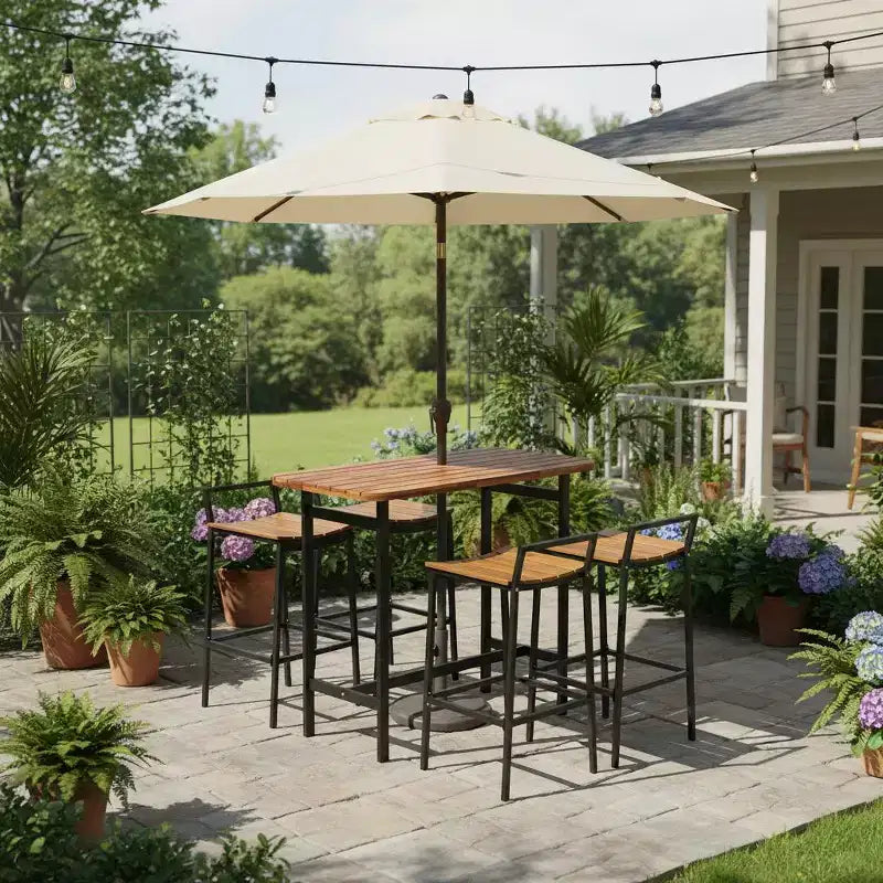 Gymax 5 PCS Outdoor Bar Table Set w/ Acacia Wood Surfaces and Sturdy Metal Frame Bar Height Table & Chairs for Patio Deck Balcony Poolside