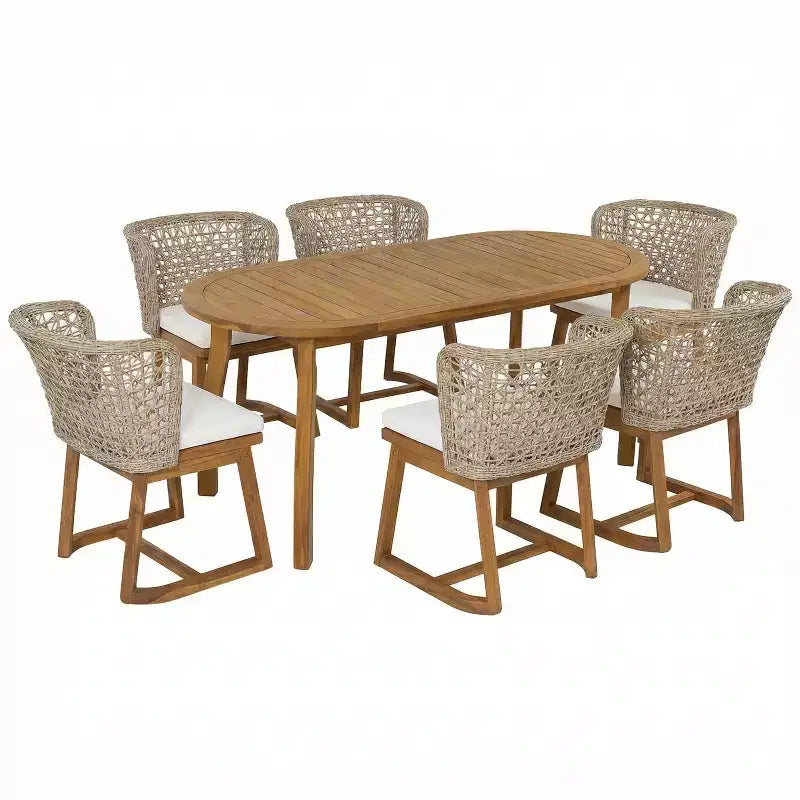 Christopher Knight Home Crunhi Modern 7 Piece Patio Acacia Dining Set with Slatted Table and Wicker Back