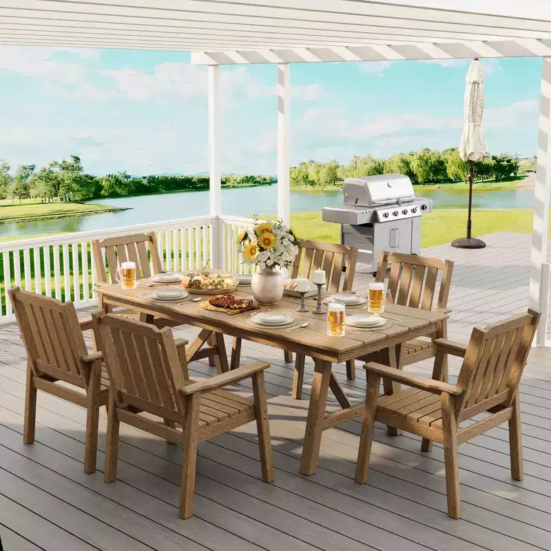 Garvee Outdoor Patio Dining Table Set for 6, 7 Piece HDPE Dining Tables Set with Umbrella Hole, Aluminum Frame, All-Weather 6 Garden Dining Chairs