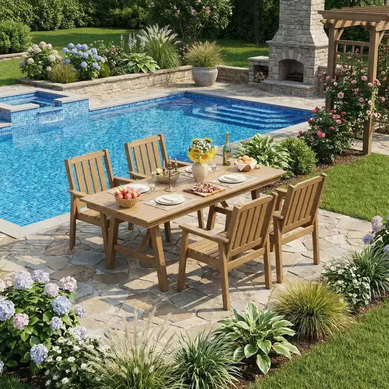 Garvee Outdoor Patio Dining Table Set for 6, 7 Piece HDPE Dining Tables Set with Umbrella Hole, Aluminum Frame, All-Weather 6 Garden Dining Chairs