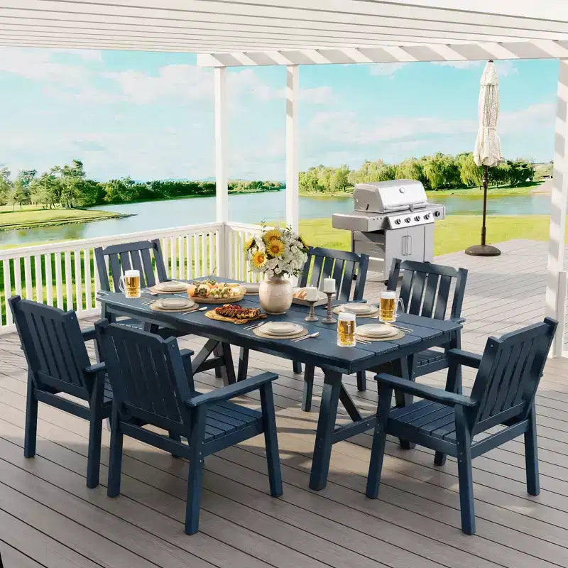 Garvee Outdoor Patio Dining Table Set for 6, 7 Piece HDPE Dining Tables Set with Umbrella Hole, Aluminum Frame, All-Weather 6 Garden Dining Chairs