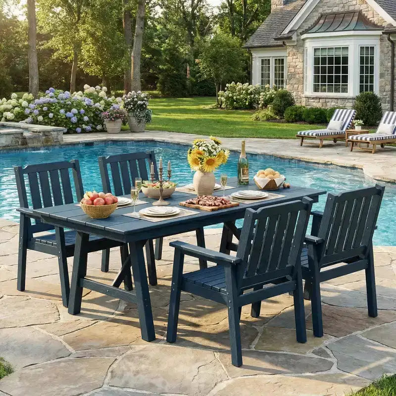 Garvee Outdoor Patio Dining Table Set for 6, 7 Piece HDPE Dining Tables Set with Umbrella Hole, Aluminum Frame, All-Weather 6 Garden Dining Chairs