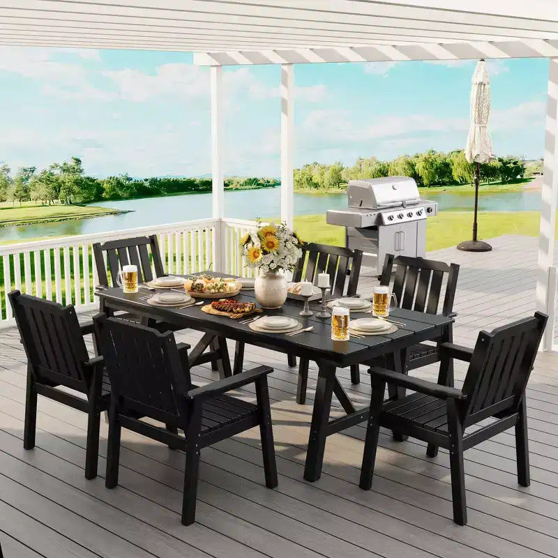 Garvee Outdoor Patio Dining Table Set for 6, 7 Piece HDPE Dining Tables Set with Umbrella Hole, Aluminum Frame, All-Weather 6 Garden Dining Chairs