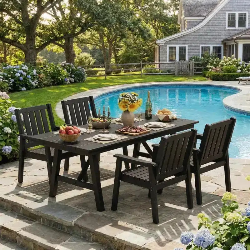 Garvee Outdoor Patio Dining Table Set for 6, 7 Piece HDPE Dining Tables Set with Umbrella Hole, Aluminum Frame, All-Weather 6 Garden Dining Chairs