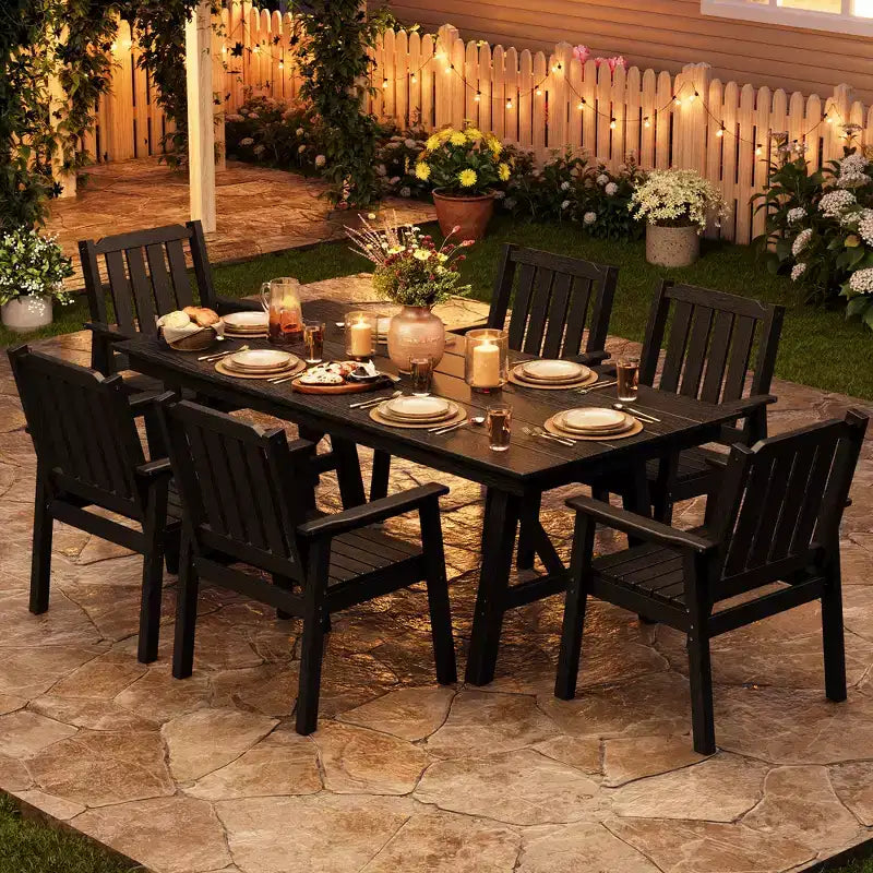 Garvee Outdoor Patio Dining Table Set for 6, 7 Piece HDPE Dining Tables Set with Umbrella Hole, Aluminum Frame, All-Weather 6 Garden Dining Chairs