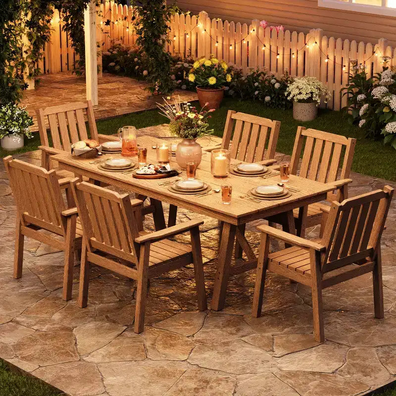 Garvee Esszimmertisch-Set für 6 Personen für den Außenbereich, 7-teiliges HDPE-Esszimmertisch-Set mit Sonnenschirmöffnung, Aluminiumrahmen und 6 wetterfesten Gartenstühlen