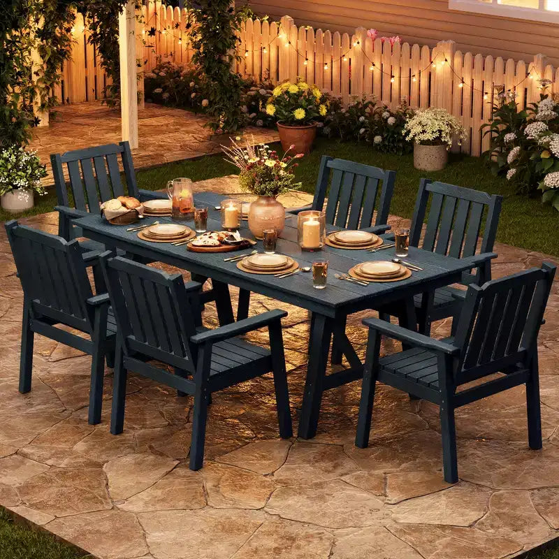Garvee Esszimmertisch-Set für 6 Personen für den Außenbereich, 7-teiliges HDPE-Esszimmertisch-Set mit Sonnenschirmöffnung, Aluminiumrahmen und 6 wetterfesten Gartenstühlen