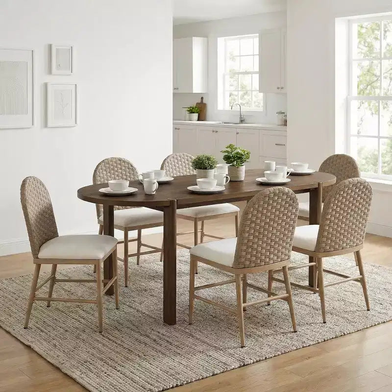 Christopher Knight Home Dori Modern 7 Piece Patio Rubberwood and Iron Dining Set with Oval Table and PE Rattan Design
