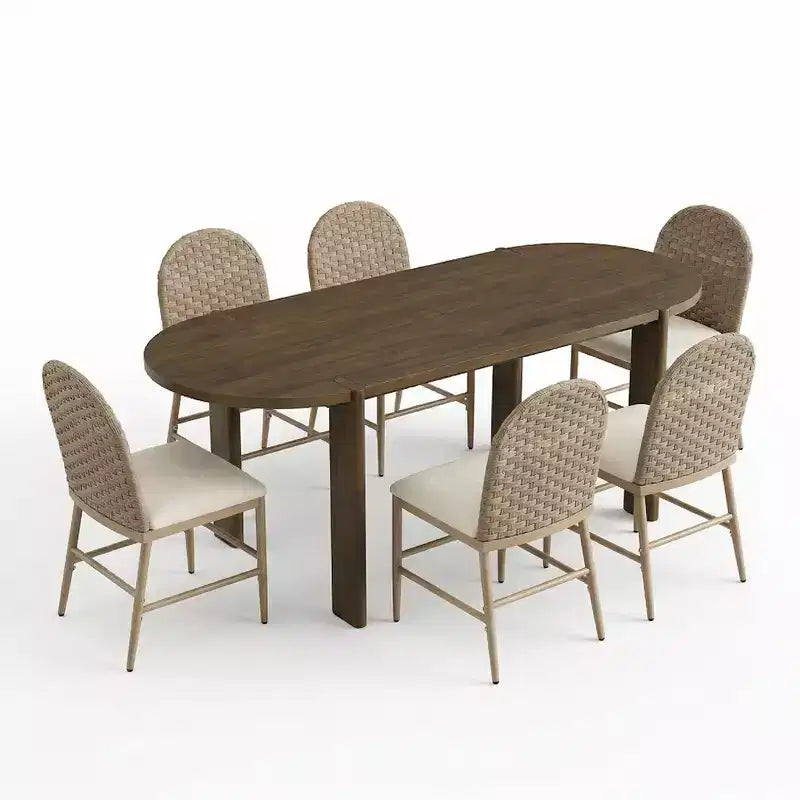 Christopher Knight Home Dori Modern 7 Piece Patio Rubberwood and Iron Dining Set with Oval Table and PE Rattan Design