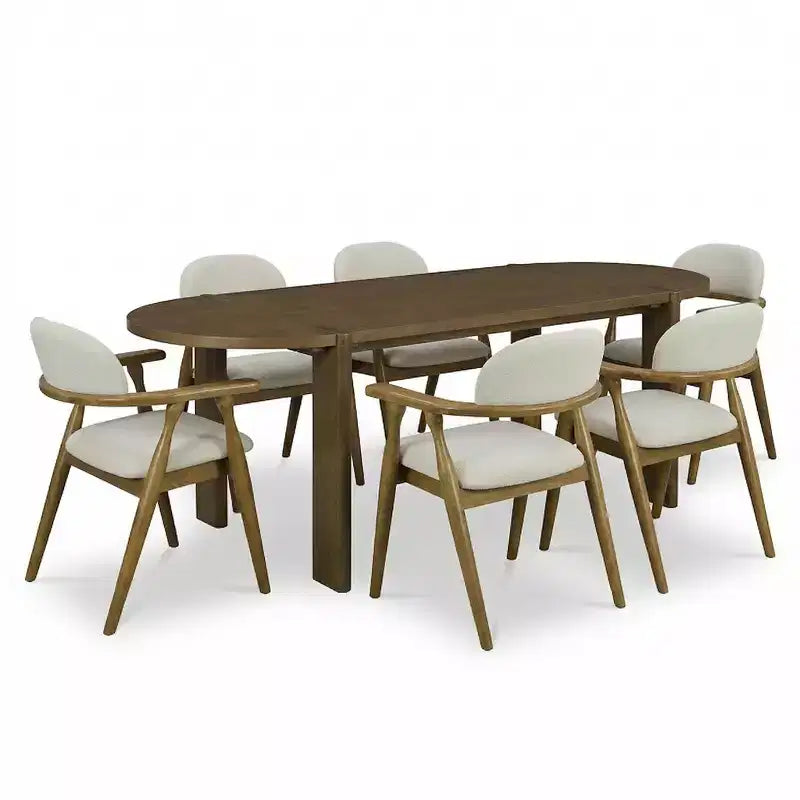 Christopher Knight Home Qinon Modern 7 Piece Patio Rubberwood Dining Set with Oval Table and Curved Backrest