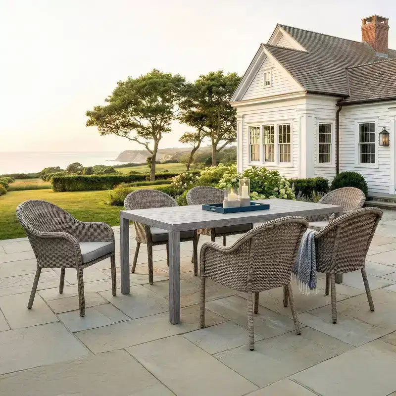 Martha Stewart All-Weather 62 Aluminum Patio Table with 6 Rattan Wicker Stack Chairs - Gray