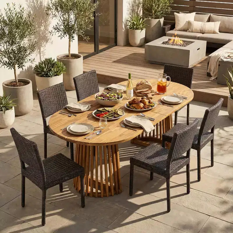 Christopher Knight Home Bobby 7 Piece Farmhouse Patio Acacia Wood Rattan Dining Set