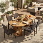 Christopher Knight Home Bobby 7 Piece Farmhouse Patio Acacia Wood Rattan Dining Set