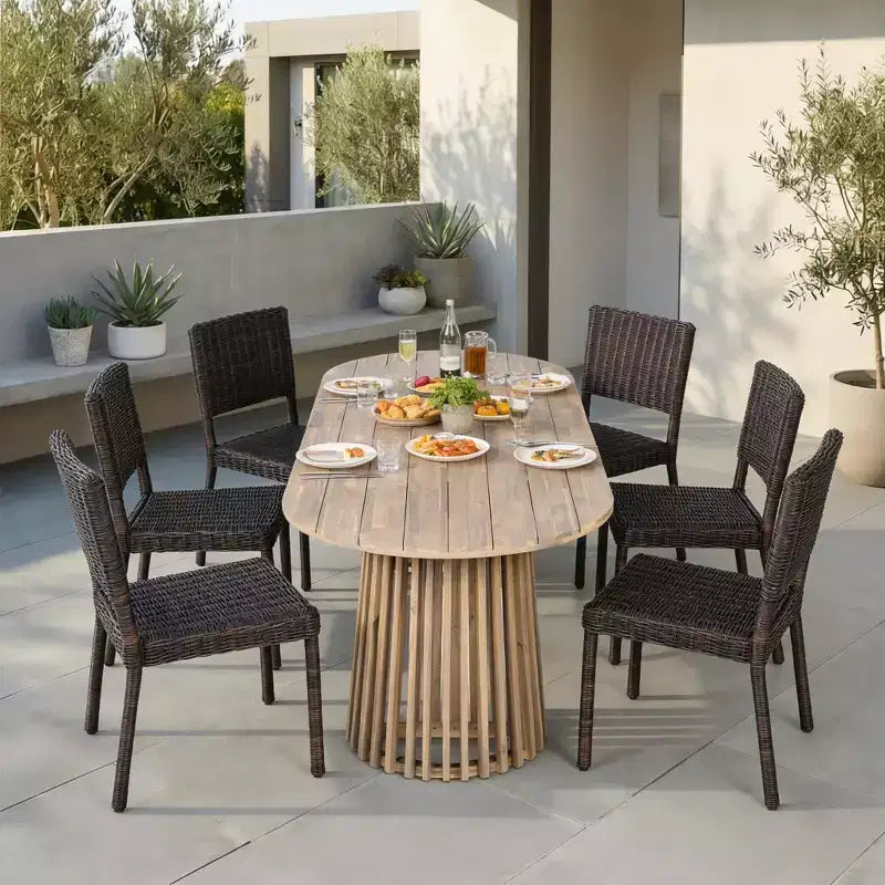 Christopher Knight Home Bobby 7-delige landelijke eettafelset voor patio van acaciahout en rotan