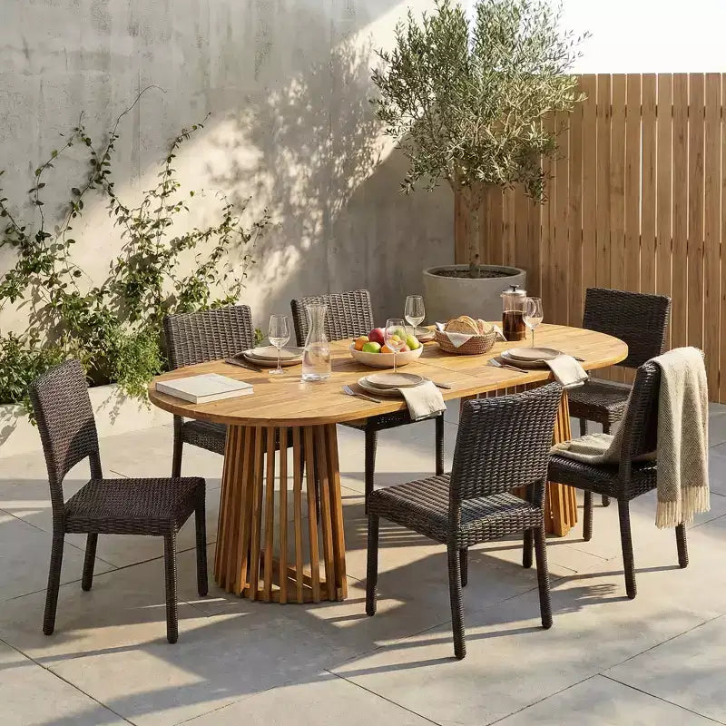 Christopher Knight Home Bobby 7-delige landelijke eettafelset voor patio van acaciahout en rotan