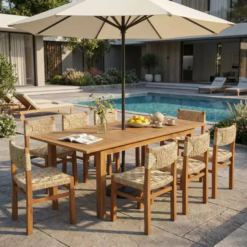 Christopher Knight Home Fineas 9-teiliges Boho-Esszimmer-Set für den Außenbereich aus Akazienholz mit ausziehbarem Lattenrost-Tisch und Flechtdesign