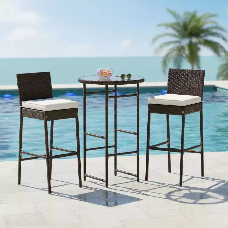 Gymax Bar Stools and Ensemble 3-Piece Outdoor Bar Set w/ 2 Cushioned Seats Patio Metal Chairs Bar Height Table with Glass Tabletop